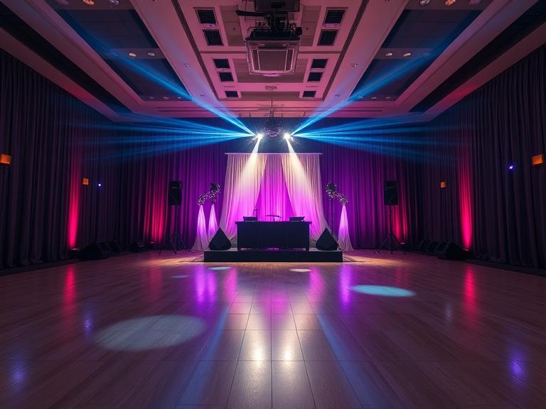 A large room with a dance floor. In the background, there is professional lighting with lasers, a sound system, and DJ setup, a stage, and curtains.