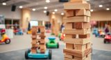 The overall scene conveys a moment of fun in a large event room for kids, where you can see pedal-free ride-on kids toys, suitable for kids up to the age of five, visible in the background. In the foreground, there is a stack of wooden blocks, likely for a game of Jenga.
